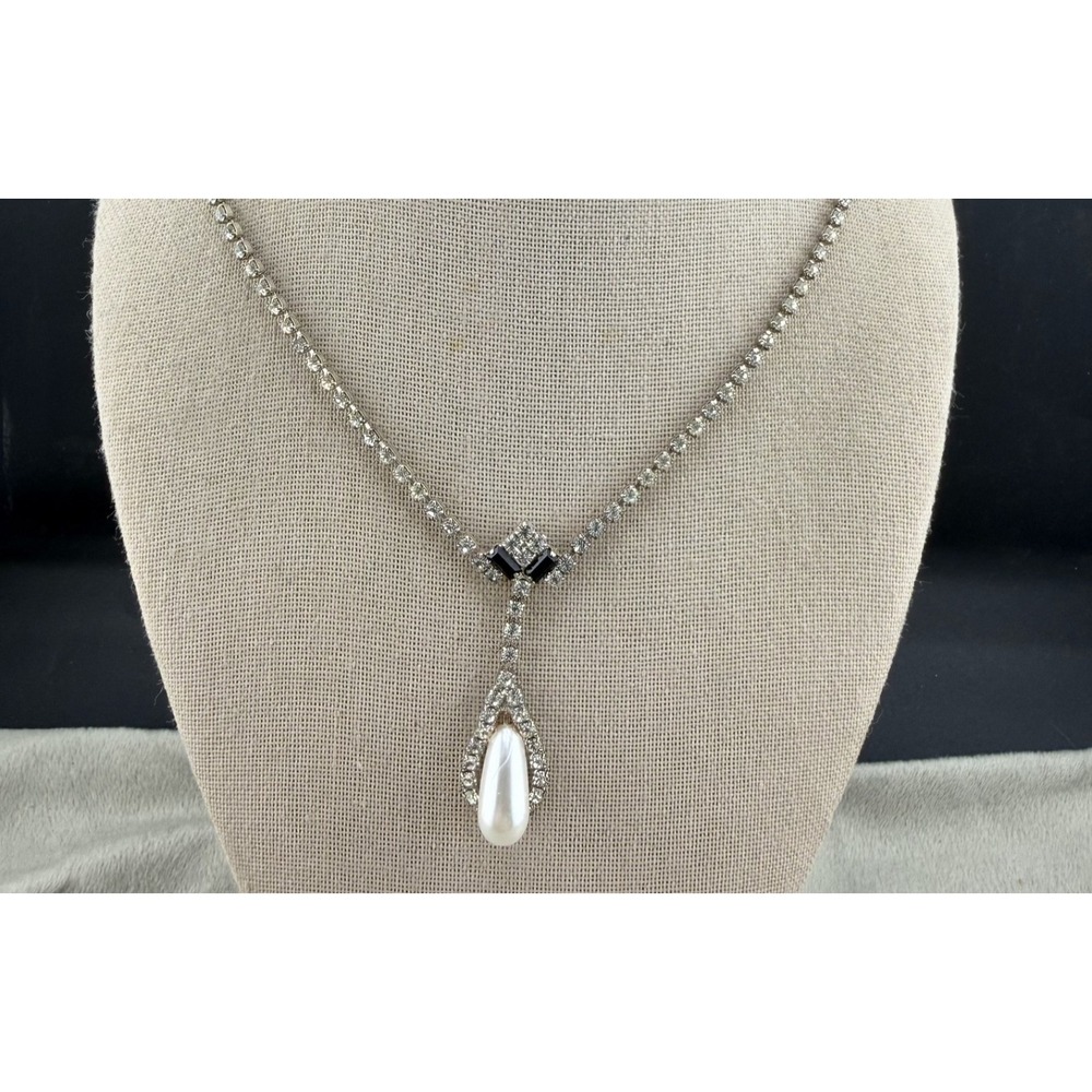 Vintage Estate Necklace Silver Rhinestone Faux Pearl Drop Wedding 17in